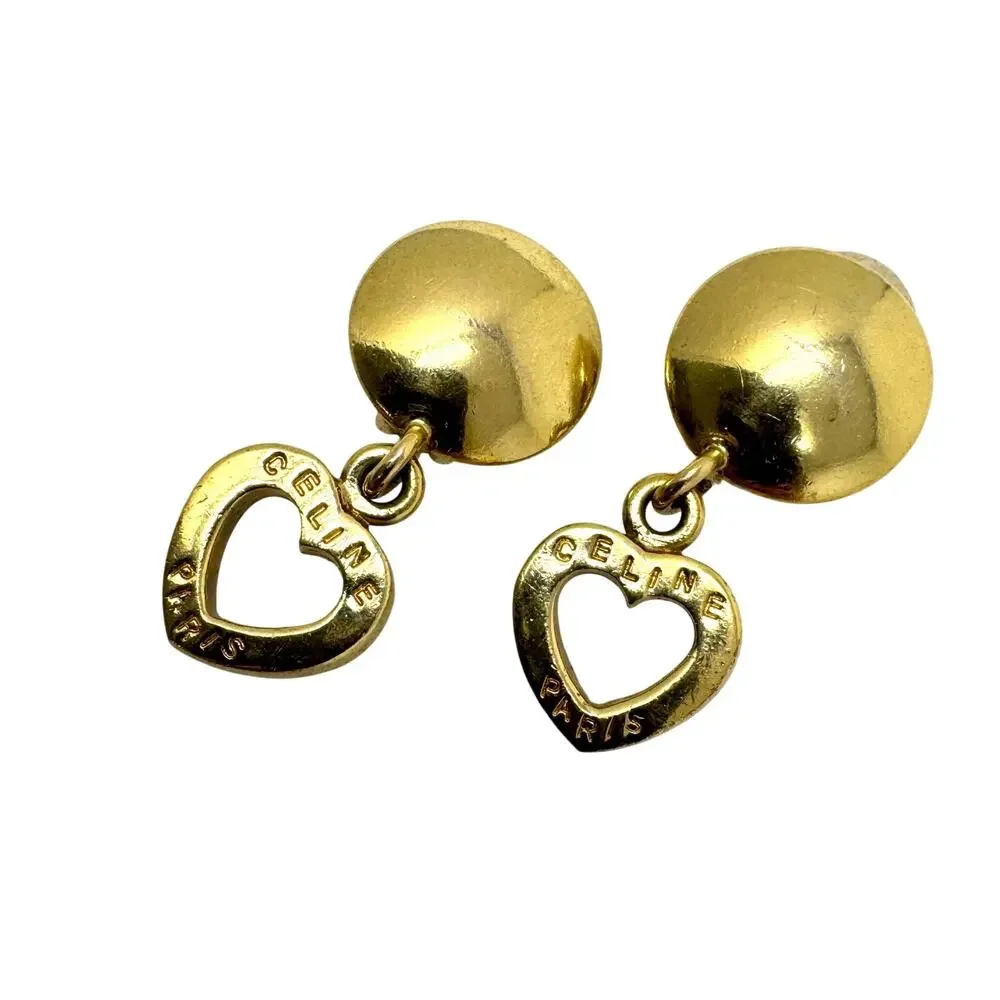 Celine Vintage Paris Heart Logo Clip-On Earrings 80’s Gold Tone Made in France